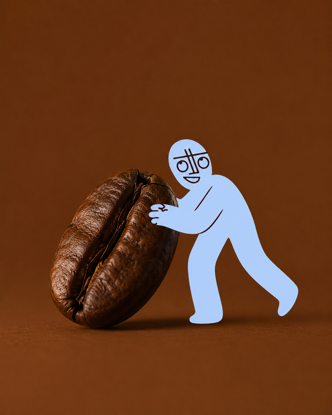 Personaje OTTO empujando un grano de café