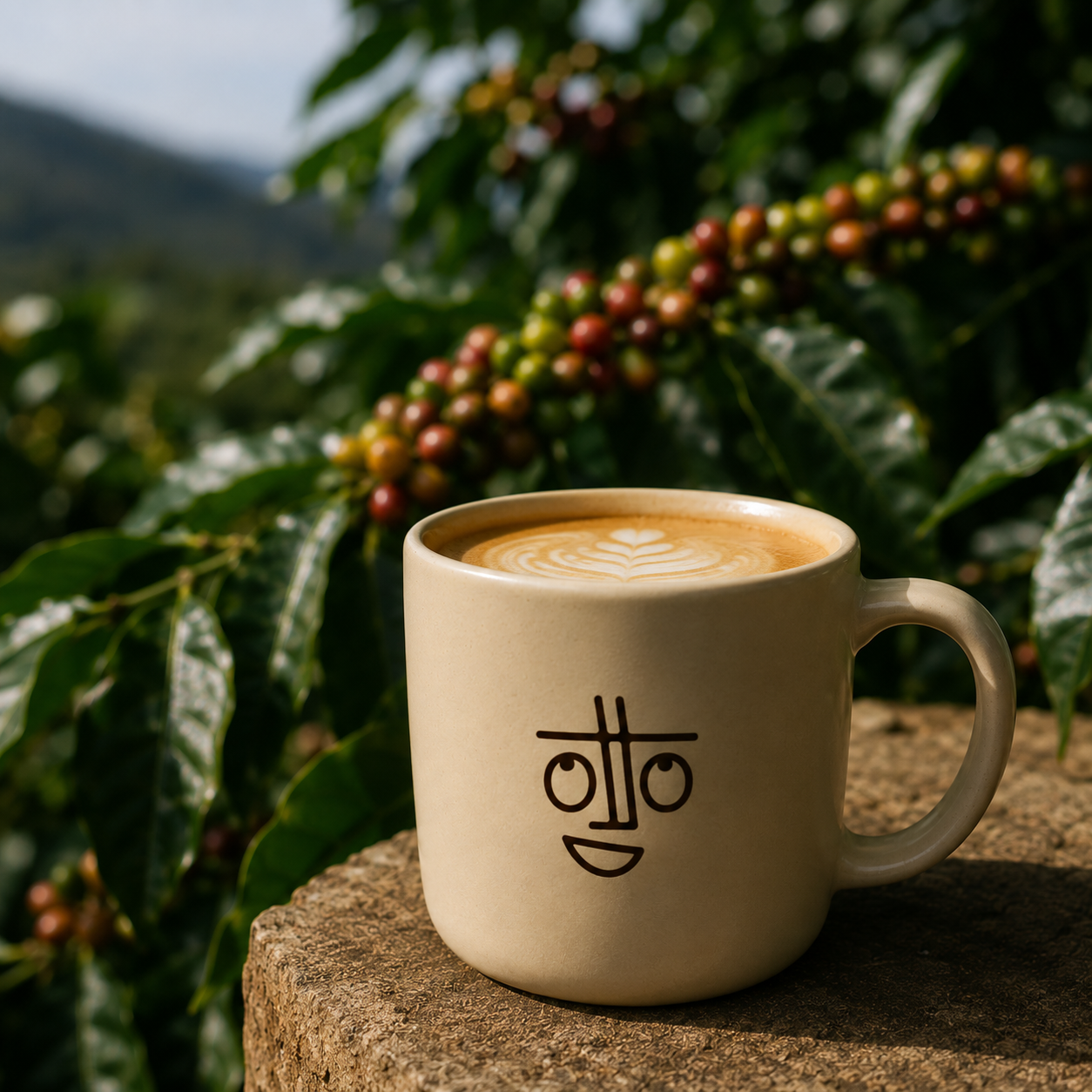 Taza OTTO servida frente al cafetal